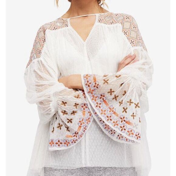 Free People Joyride Sheer Tulle Embroidery Oversized Top Long Sleeve Sz S Ivory - Picture 5 of 14